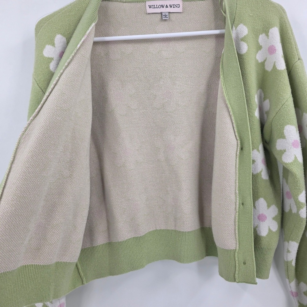 WILLOW & WIND DAISY CARDIGAN WOMENS LARGE GREEN WHITE FLORAL SOFT RAYON HIPPIE - Picture 6 of 12